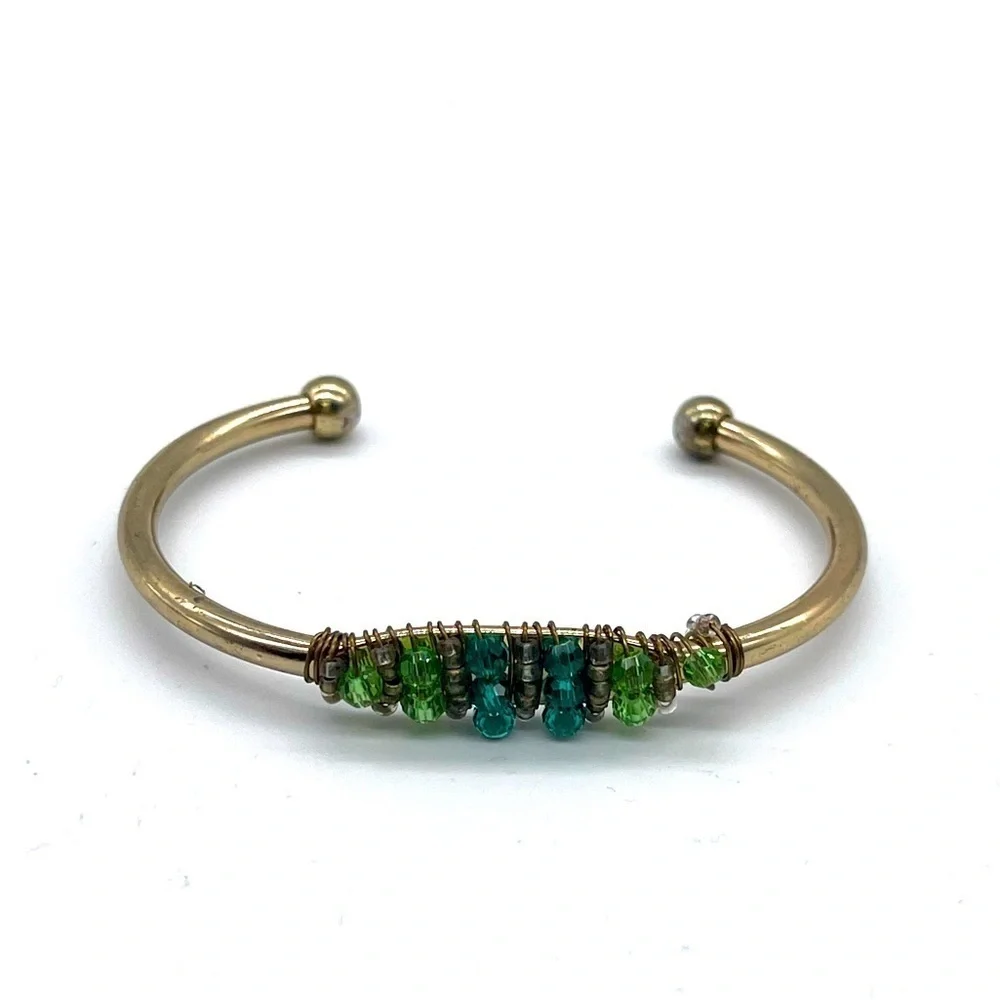 Cuff Bracelet with Green &Blue Crystals on Gold Tone
